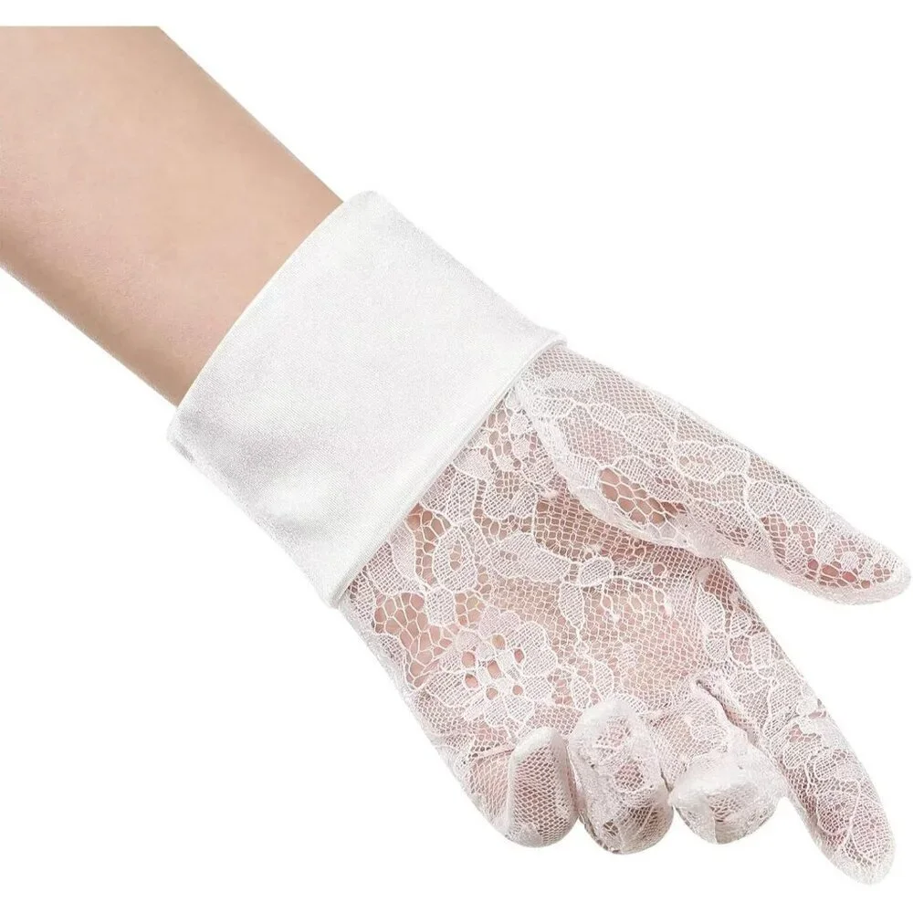 Women's Lvory 02 Floral Short Length Lace Tulle Mesh Wrist Wedding Party Gloves